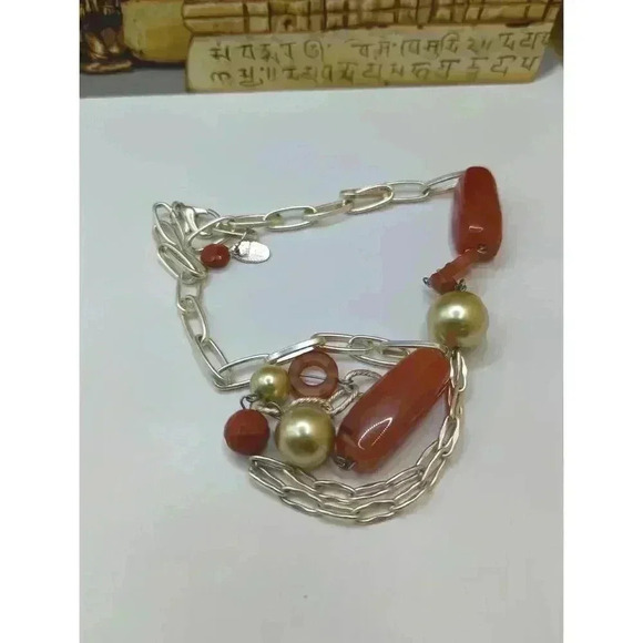 Gay Isber silvertone Chain Necklace With Red Metal Stone Beads 26 Inches - Picture 2 of 4